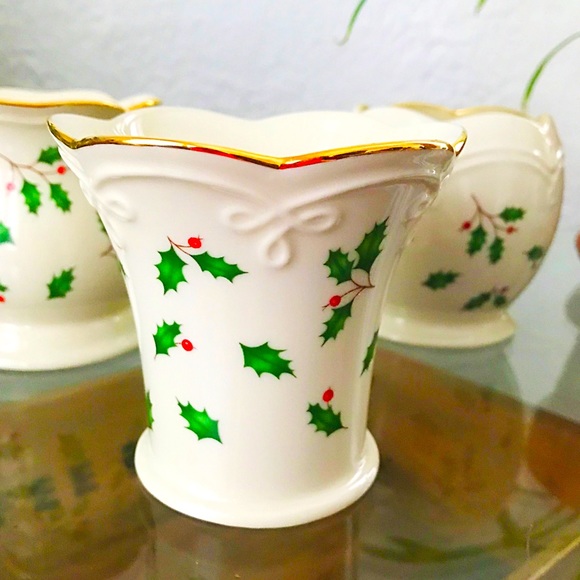 Lenox Porcelain Gold Trim Set of 3 Holiday Christmas Votives, Holly and Berries - Picture 5 of 8